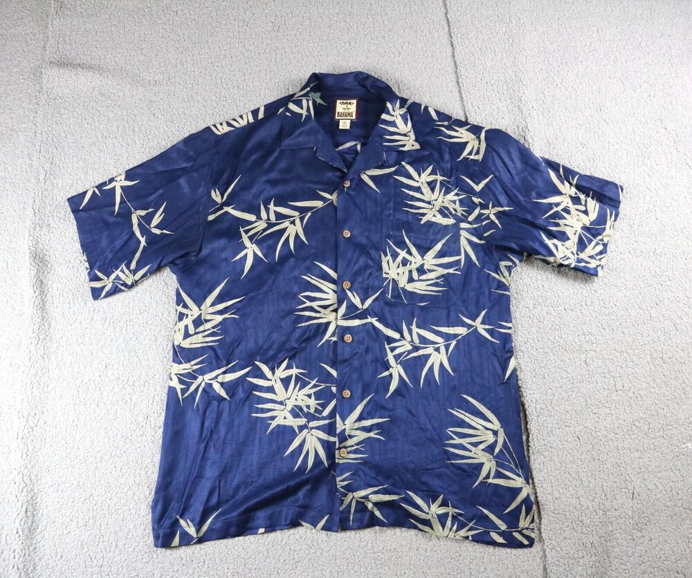 Tommy Bahama Shirt Mens M YBlue Bamboo Hawaiian Silk Short Sleeve Palm Tree